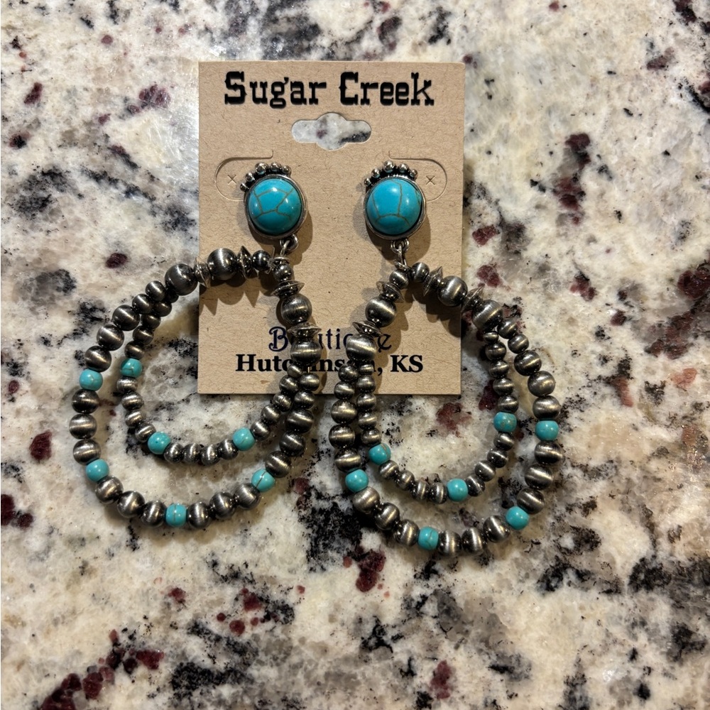NWT. Turquoise and Silver Hoop Earrings